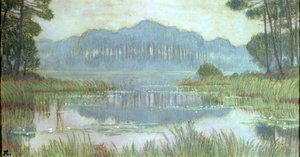 生い茂った池のある風景、1900年頃（紙に鉛筆とトイレ）